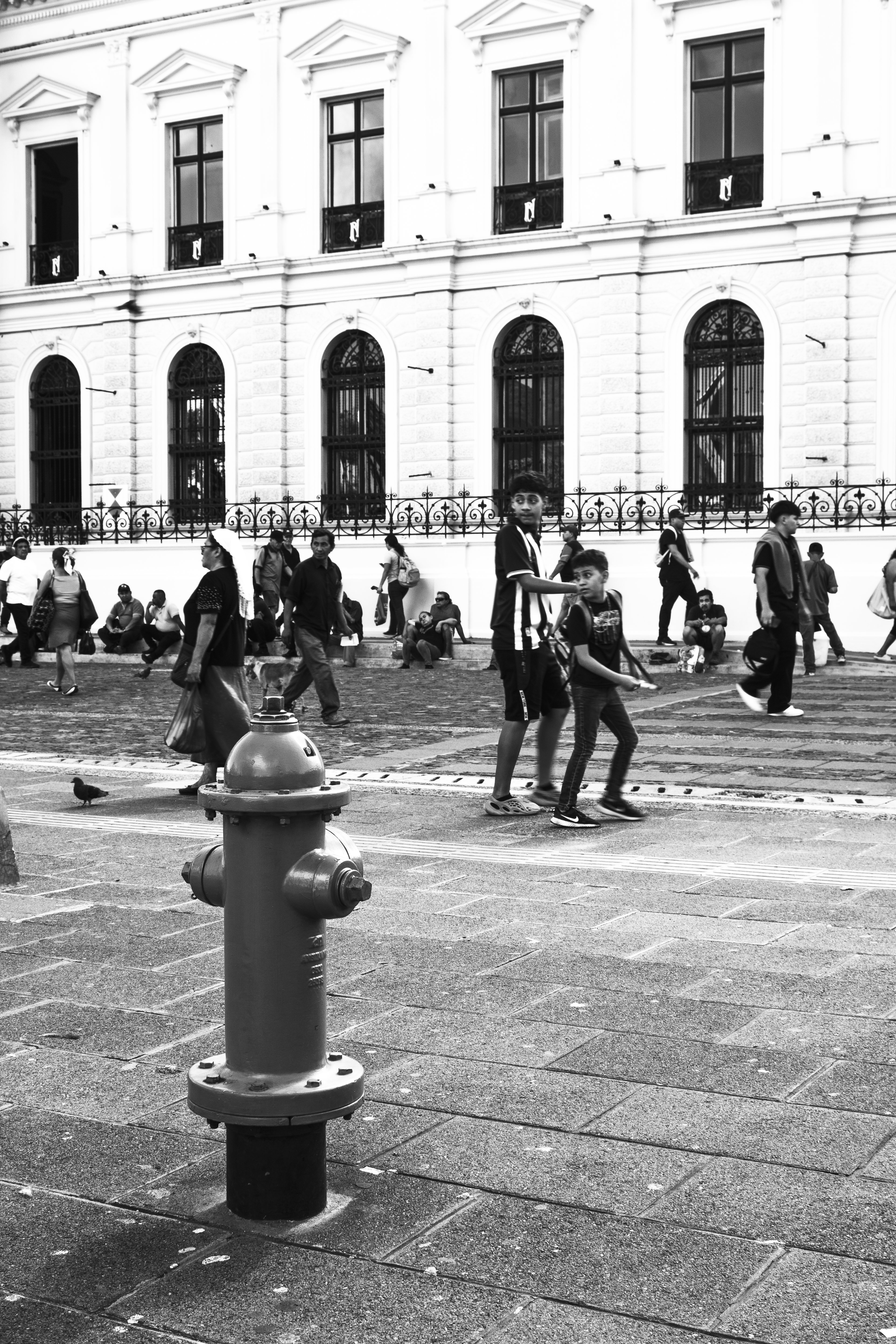 Hidrante en primer plano frente a una plaza y edificio clásico