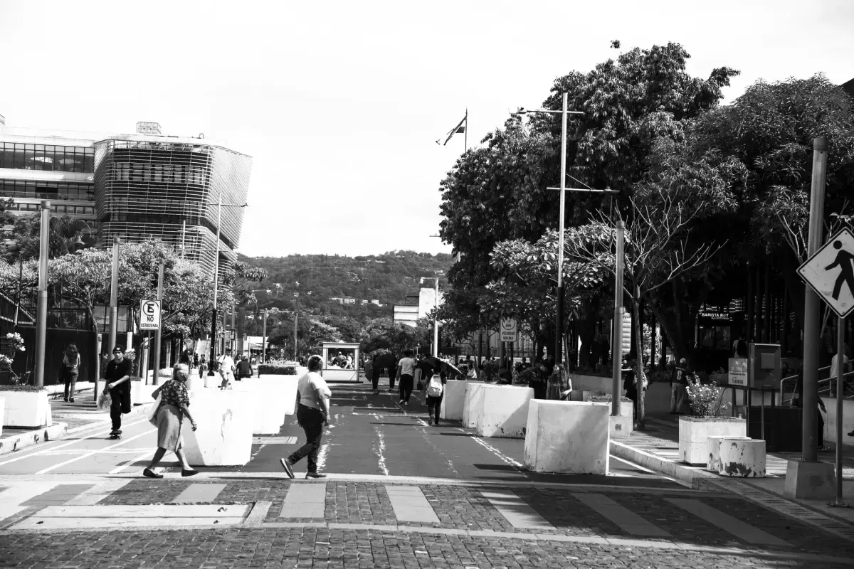 Avenida peatonal con peatones, patineta y cerros al fondo