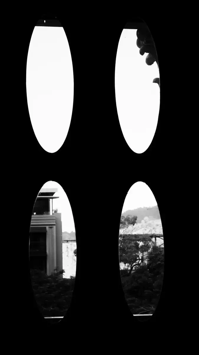 Cuatro óvalos negros enmarcando cielo, arquitectura y paisaje